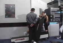 Sexy Redhead Slut Elisabet Banged in the Gym By Two Guys